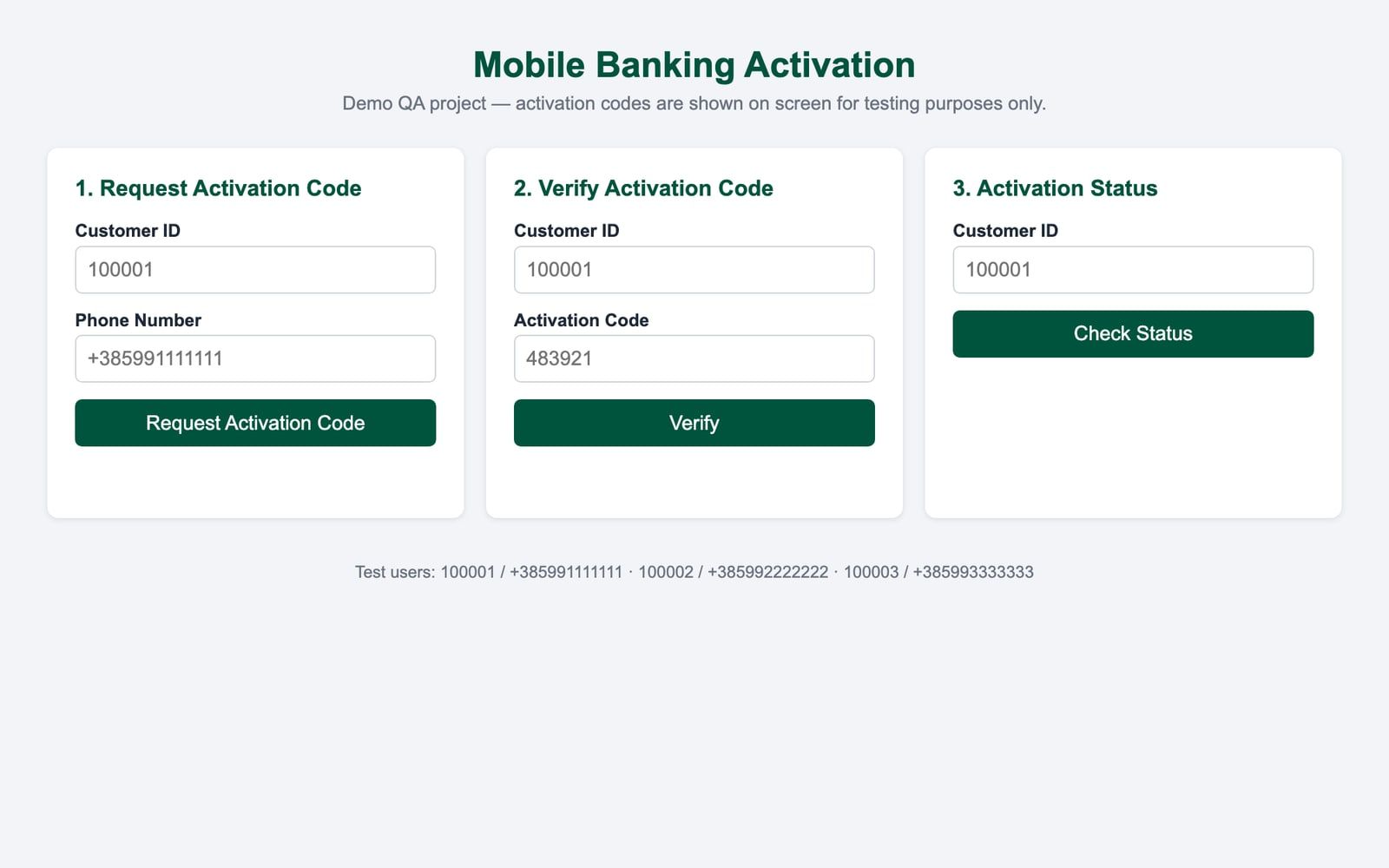 Screenshot of the mobile banking activation demo
